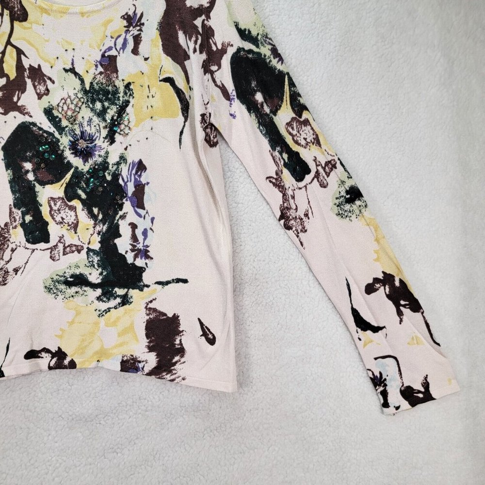 Lapis Beige Abstract Floral Sequin Knit Long Sleeve Round Neck Top Blouse - Picture 4 of 12